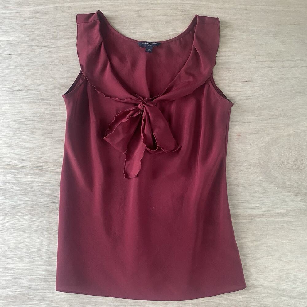 Banana Republic Burgundy Blouse with Ruffle Tie Neckline Size Petite M